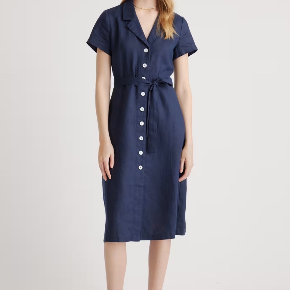 Quince Navy Button-Down Midi Dress